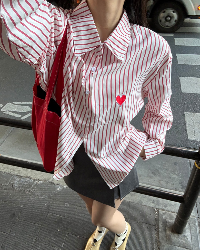 ハートポイントパッチワークストライプシャツ