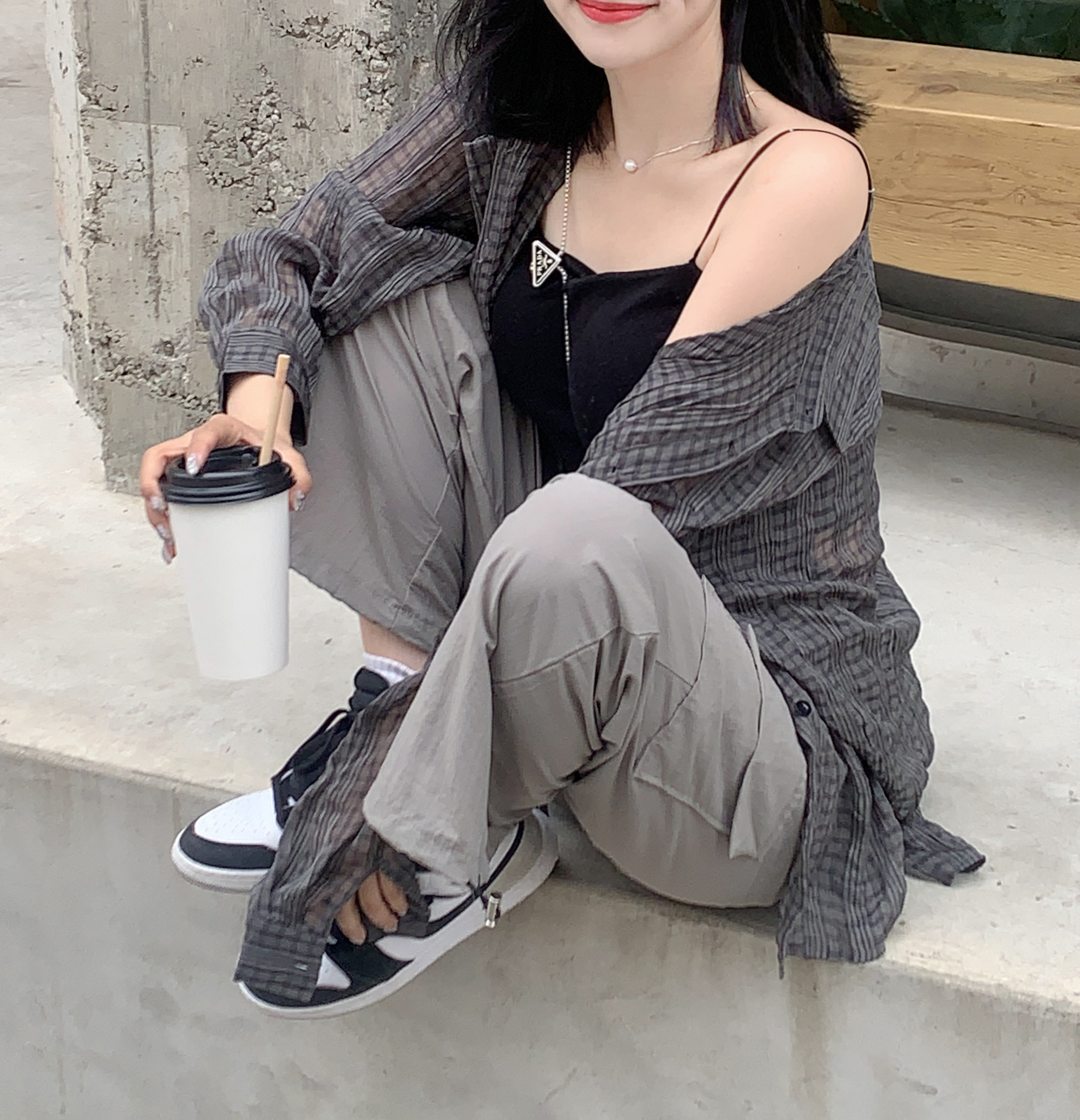 sacai ネックリボン プリーツ シースルー チェック シャツ sacai ネックリボン プリーツ シースルー チェック シャツ