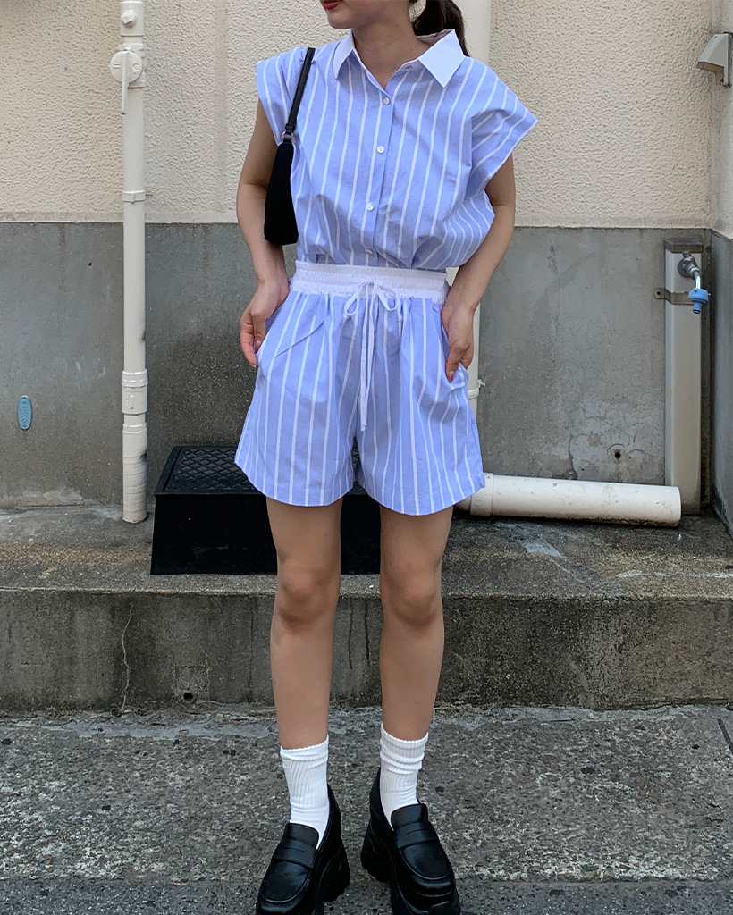 ストライプノースリーブシャツ＆ショートパンツセット