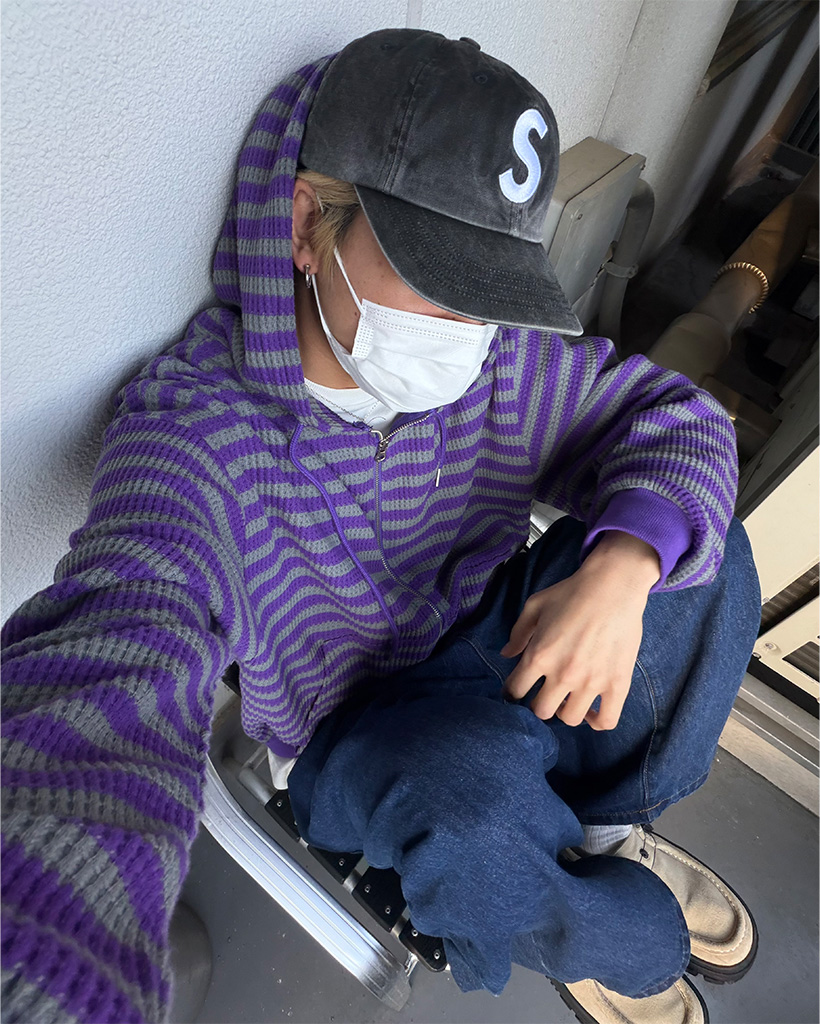 （ユニセックス）ボーダーダブルジップワッフルニットパーカー