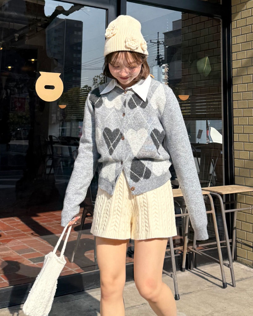 ハートアーガイルラウンドネックニットカーディガン | ファッション
