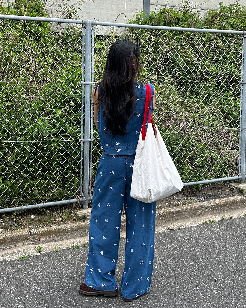 リボンステッチデニムベスト＆パンツセットアップ