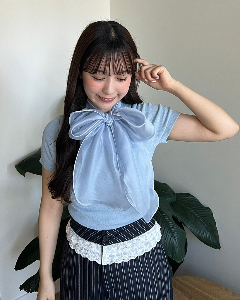 リボン半袖ニット ブラック×ピンク スカーフリボン半袖ニット | ファッション通販サイト NUGU