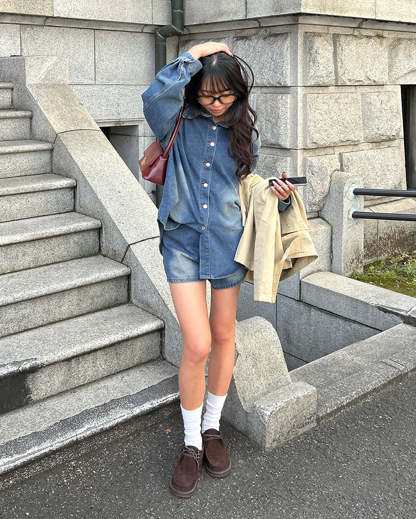 年末のプロモーション ルーズデニムシャツ＆ショートパンツセット ファッション通販 | ピアス