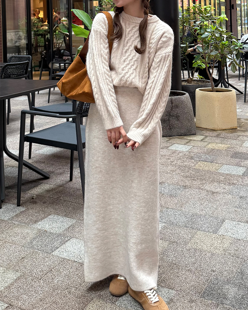 ワンボタンカーディガン＆ロングスカートセット | ファッション通販