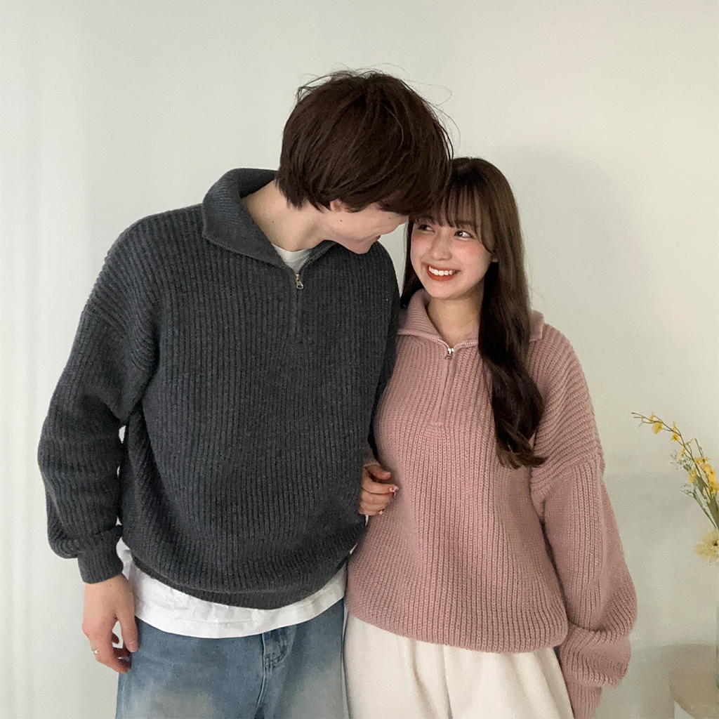 (ユニセックス) ハイネックハーフニットジップアップ