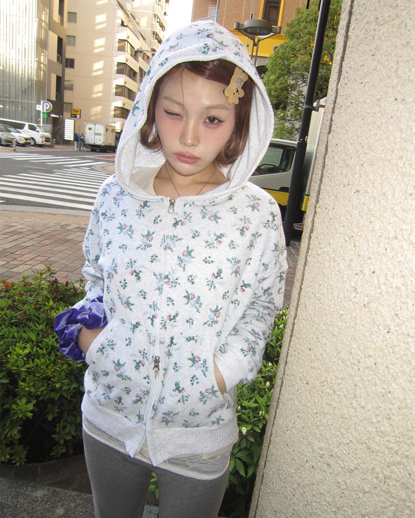 フラワーパイルリブダブルジップアップパーカー