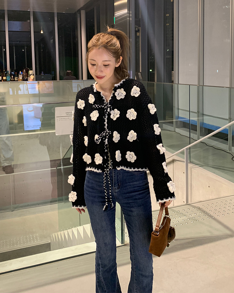 ビックフラワーポイント編みニットカーディガン | ファッション通販