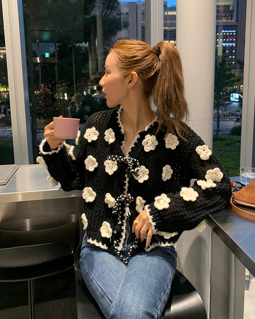 ビックフラワーポイント編みニットカーディガン | ファッション通販