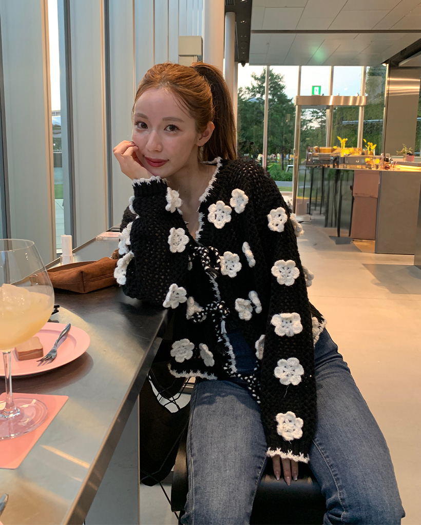 ビックフラワーポイント編みニットカーディガン | ファッション通販