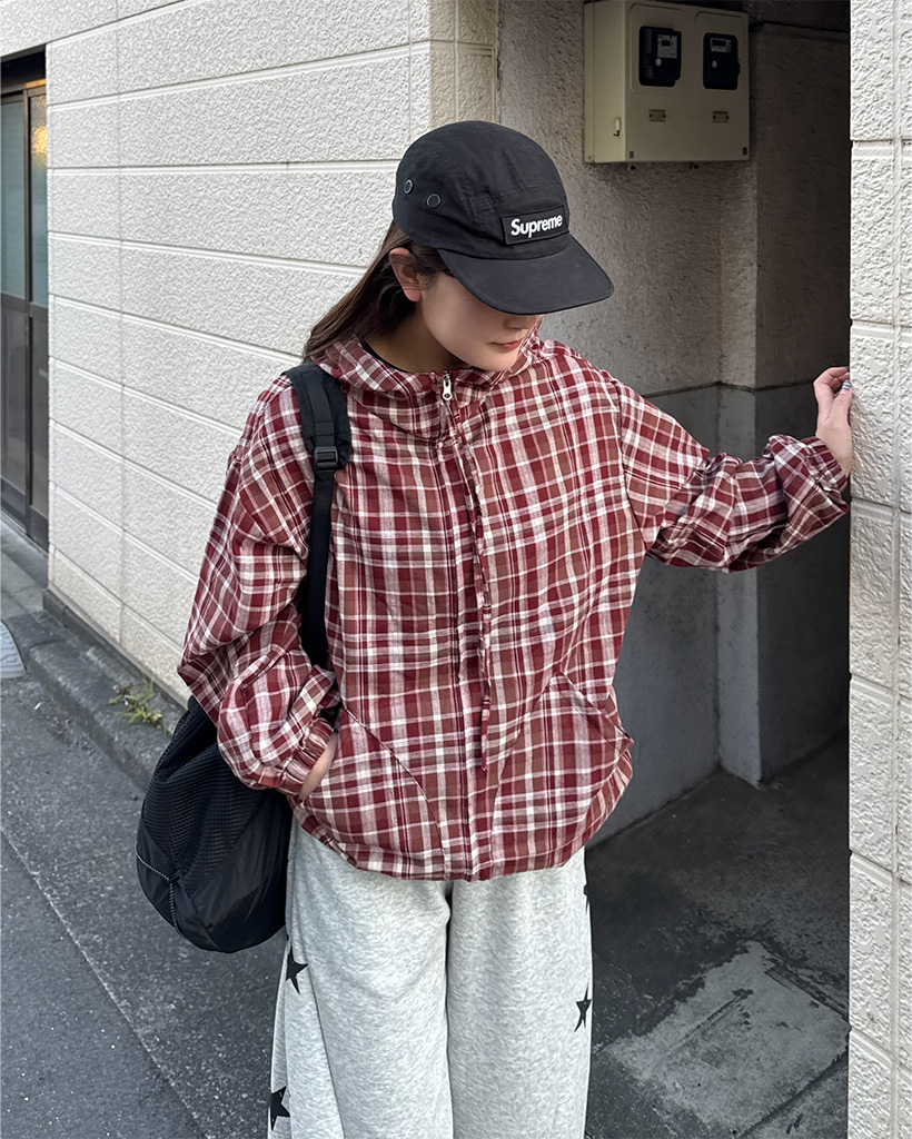 (ユニセックス)2WAYチェックフードウィンドブレーカー