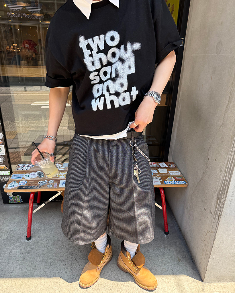 ヘアラインストライプカーペンダーバミューダデニムパンツ