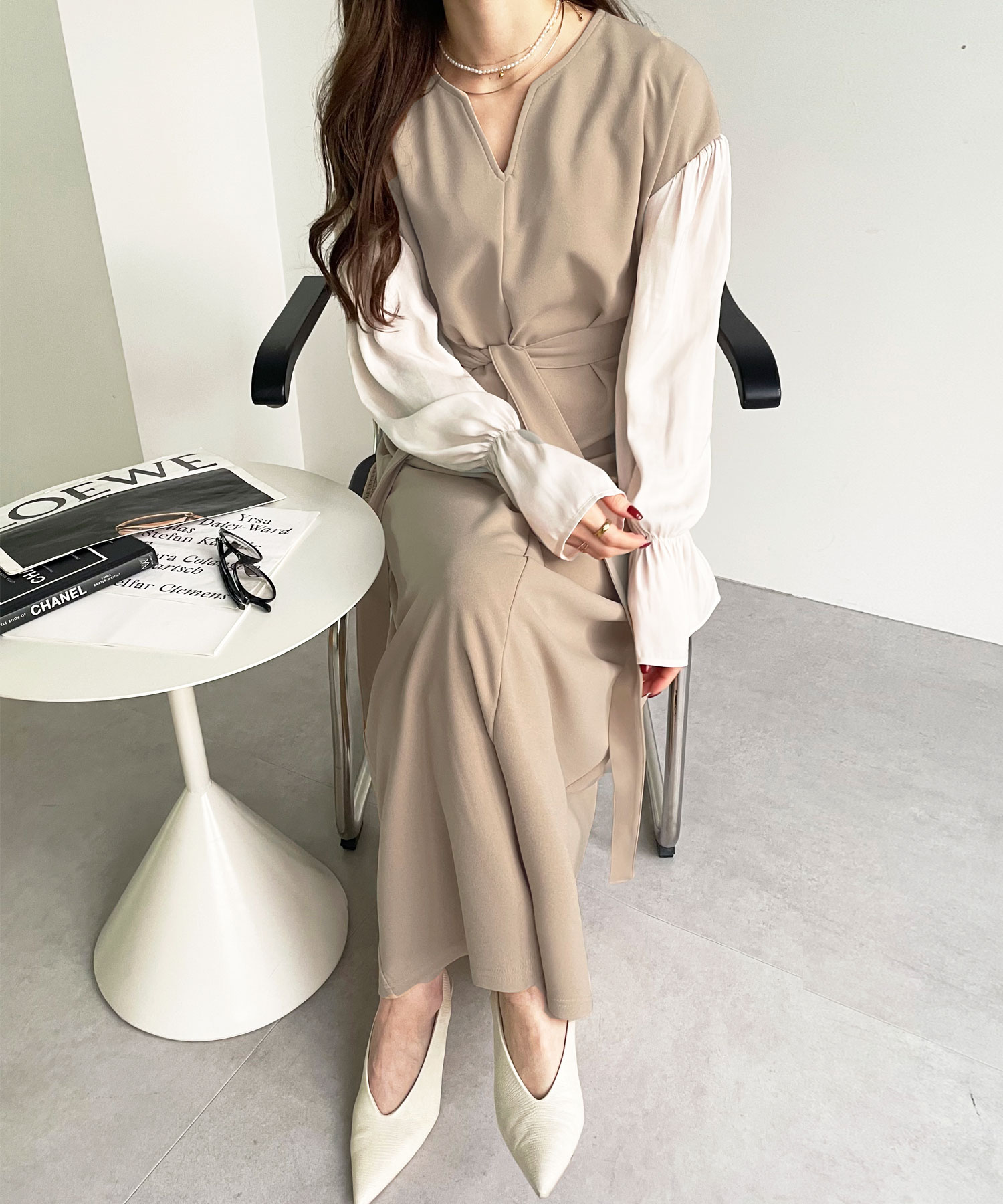 袖ドッキングキャンディースリーブキーネックワンピース