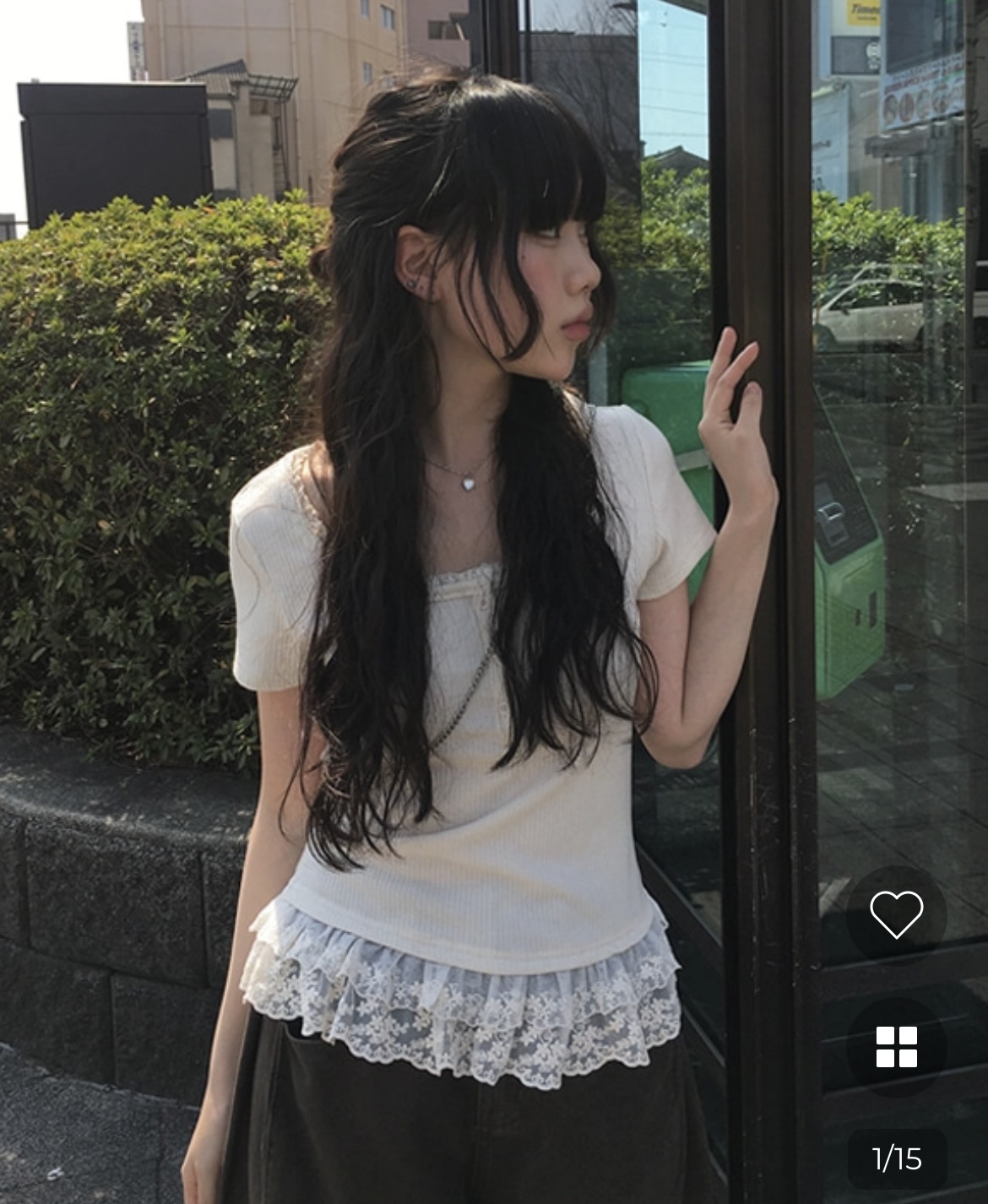 レースフリル　グレーリブ　半袖 T シャツ　レディース　スリム脚長　miu ロゴ IMG_5845_kKZyQHs.jpeg