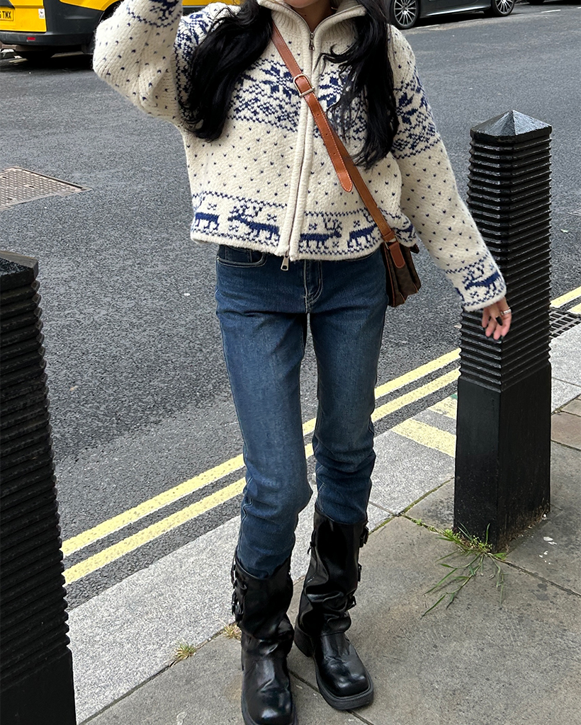 ドットトナカイノルディックダブルジップニットブルゾン