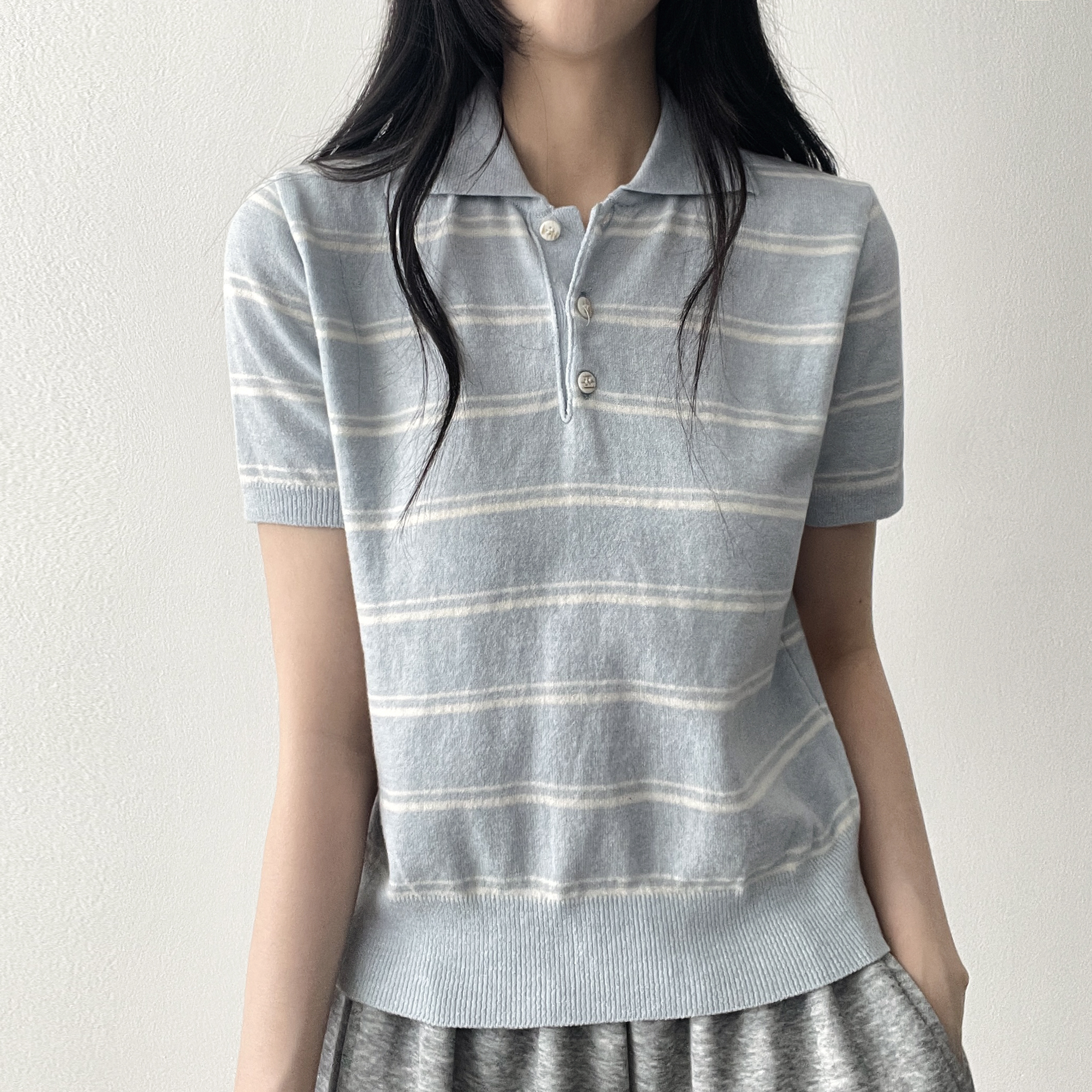 新品】定価42, ハナエモリ 五泉ニット 半袖ニット ボーダー