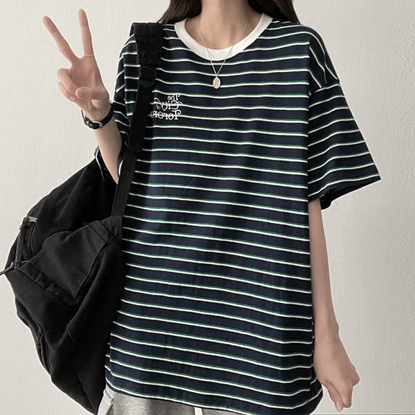 ボーダーバイカラーオーバーサイズ半袖Tシャツ | ファッション