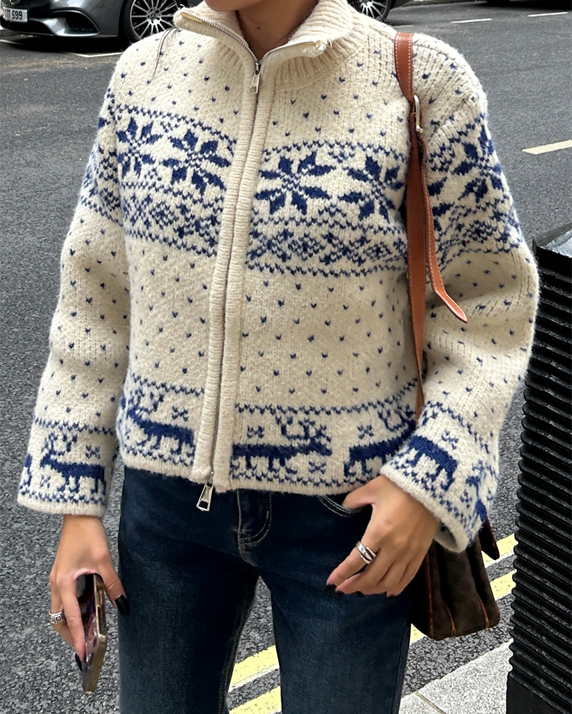 ドットトナカイノルディックダブルジップニットブルゾン