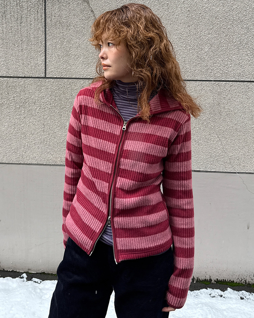 ボーダーリブニットジップアップ