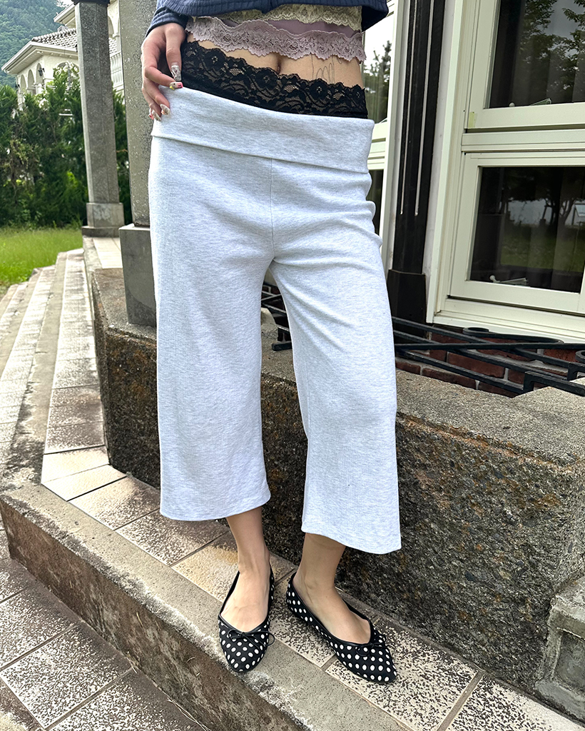 ウエストラップリブワイドクロップドパンツ