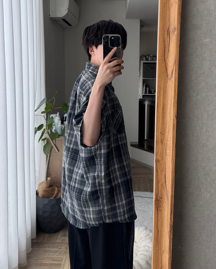 ⚠️本日まで⚠️ GIUNON パフスリーブチェックシャツ　グレー チェックハーフスリーブシャツ | ファッション通販サイト NUGU