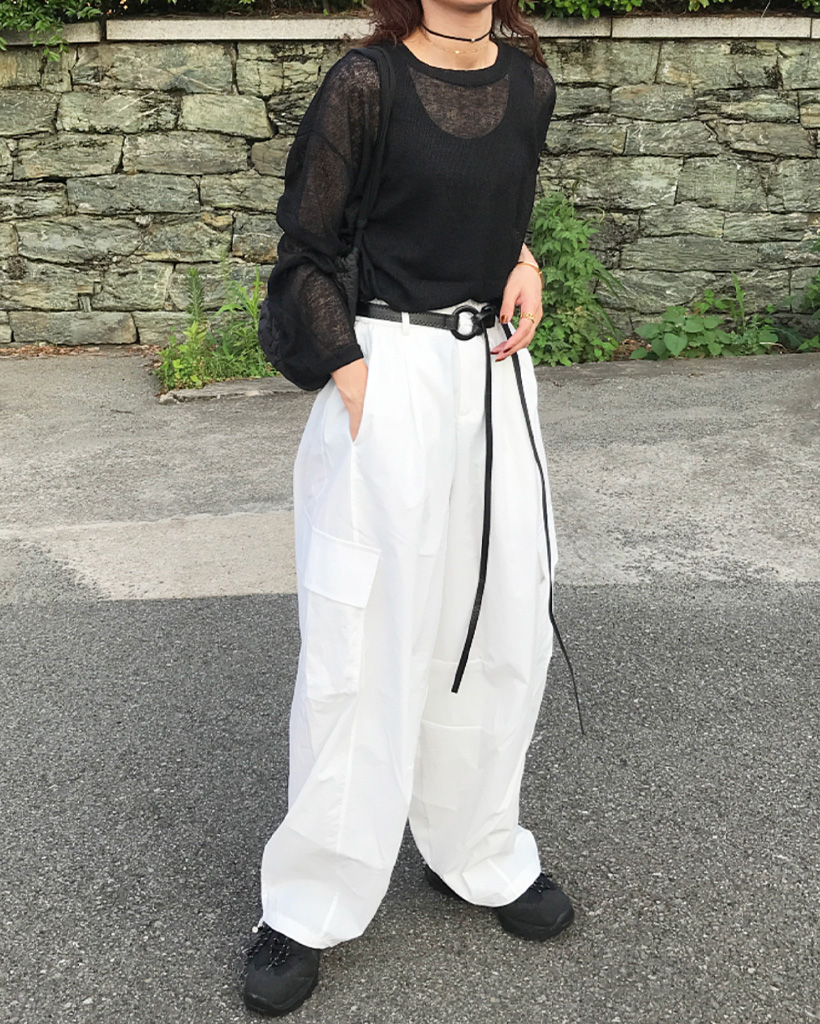 CLANE ホワイト カーゴパンツ ベルト付き CLANE - ハイウエスト バック スリット カーゴパンツ - H/W BACK