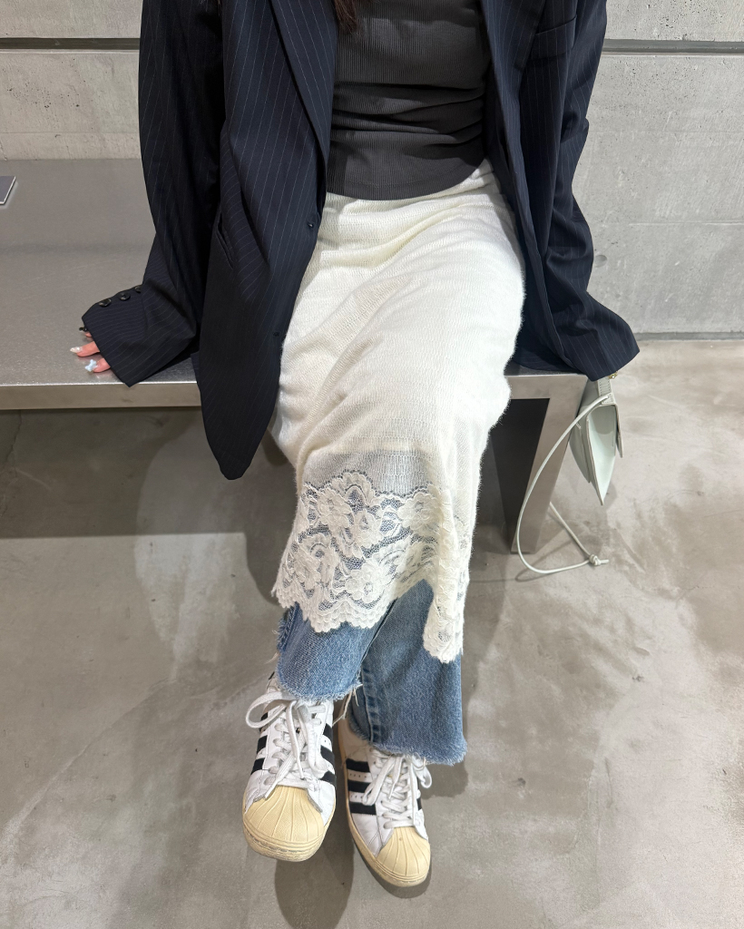 ダブルフラワーレースヘムニットロングスカート