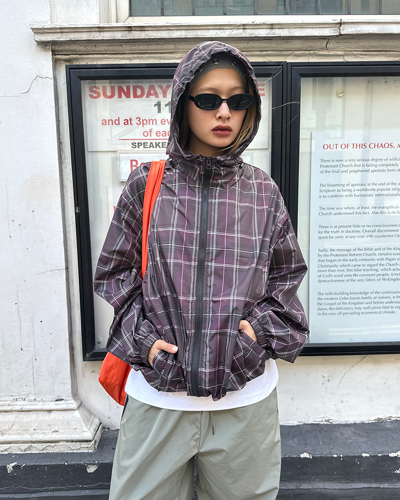 J①　βMEN　タータンチェックフードブルゾン&カットソー ユニセックス）タータンチェックダブルジップウィンドブレーカー