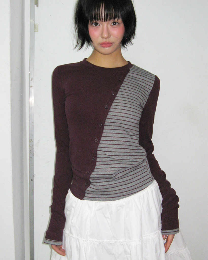 Striped Color Block Diagonal Double Snap Point Long Sleeve T-Shirt _ 3COLOR