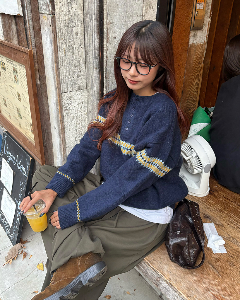 ユニセックス）ジャガードヘンリーネックニット | ファッション通販