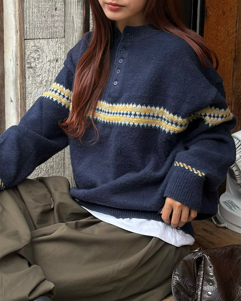 BEST 50]（ユニセックス）ジャガードヘンリーネックニット