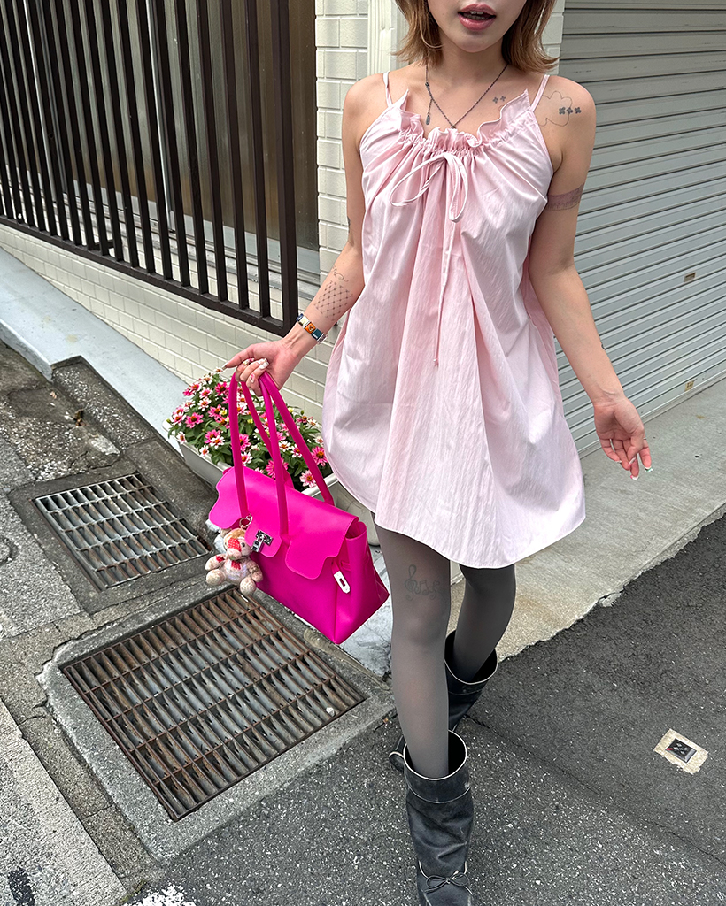 ドローストリングネックフレアキャミチュニック