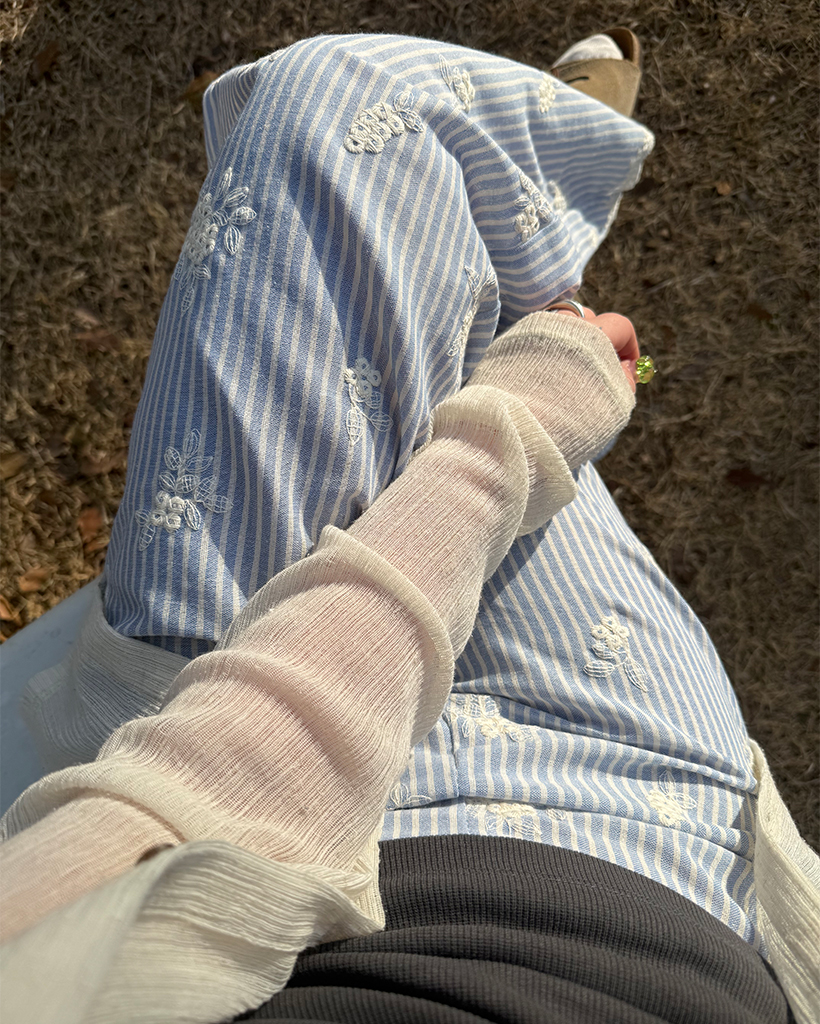 フラワーステッチストライプフリンジドローストリングパンツ