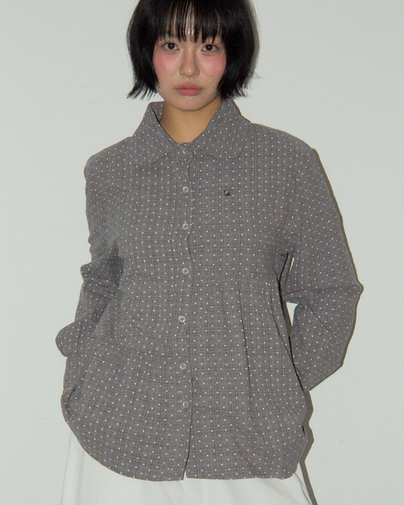 Dot Unbalanced Frill Layered Lovely Long Sleeve Blouse Shirt [Gray]