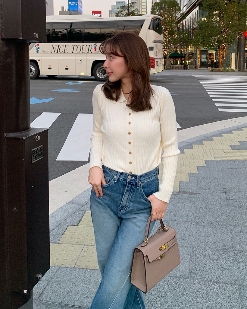 リブカラーボタンスリムカーディガン