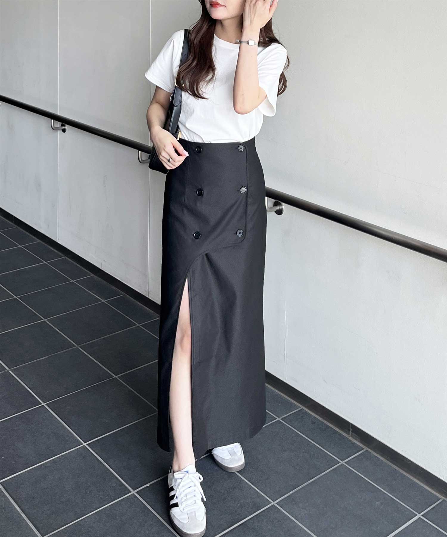 DABUWAWA ロング スカート フロントボタン ハイウエスト 大人気 フロントボタンハイウエストスリットスカート | ファッション