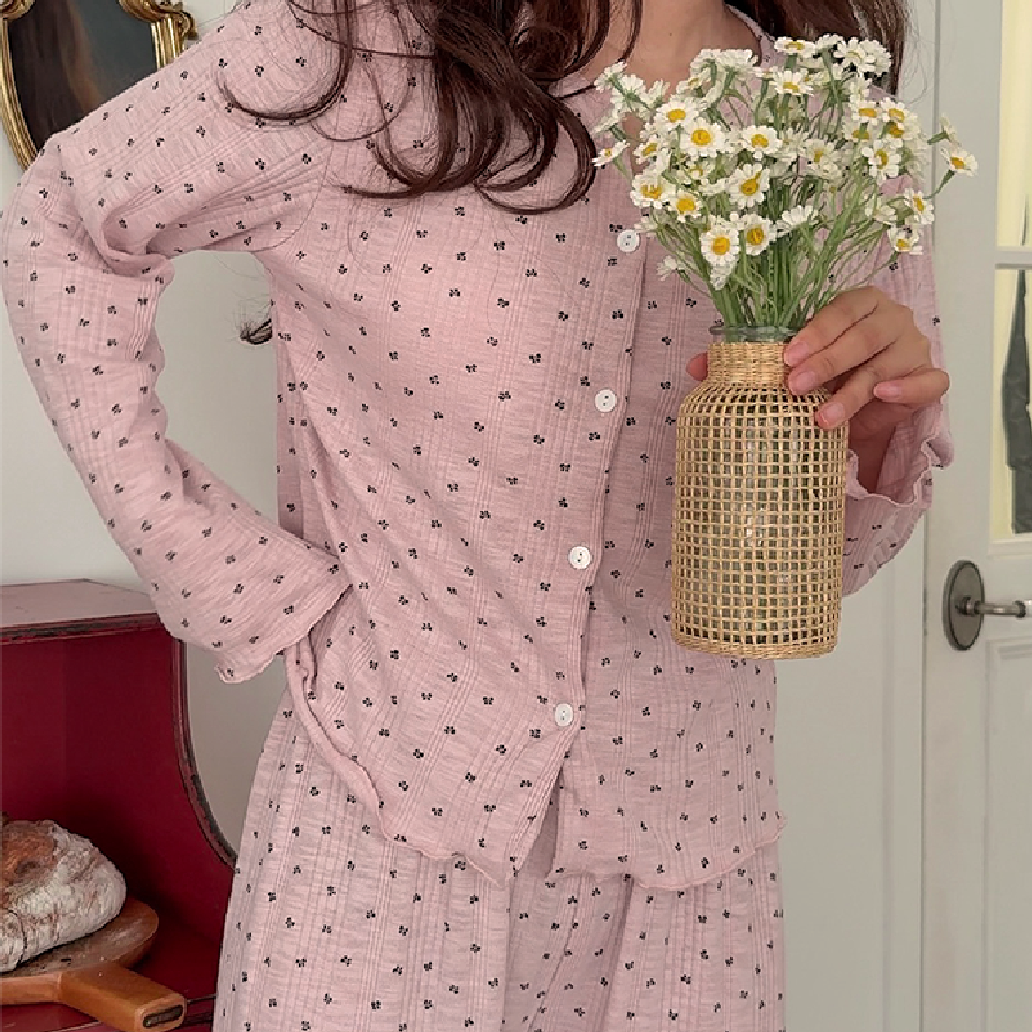 [2color]リボンスパン長袖パジャマセット