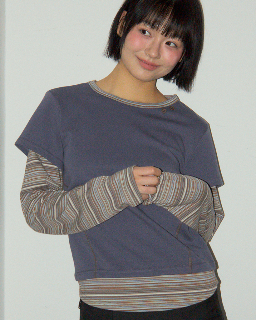 Striped color-blocked stitched point layered long sleeve t-shirt [Navy]