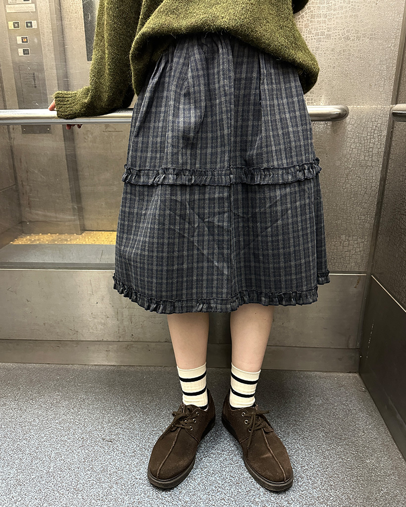 フリルチェックウエストゴムミドル丈スカート