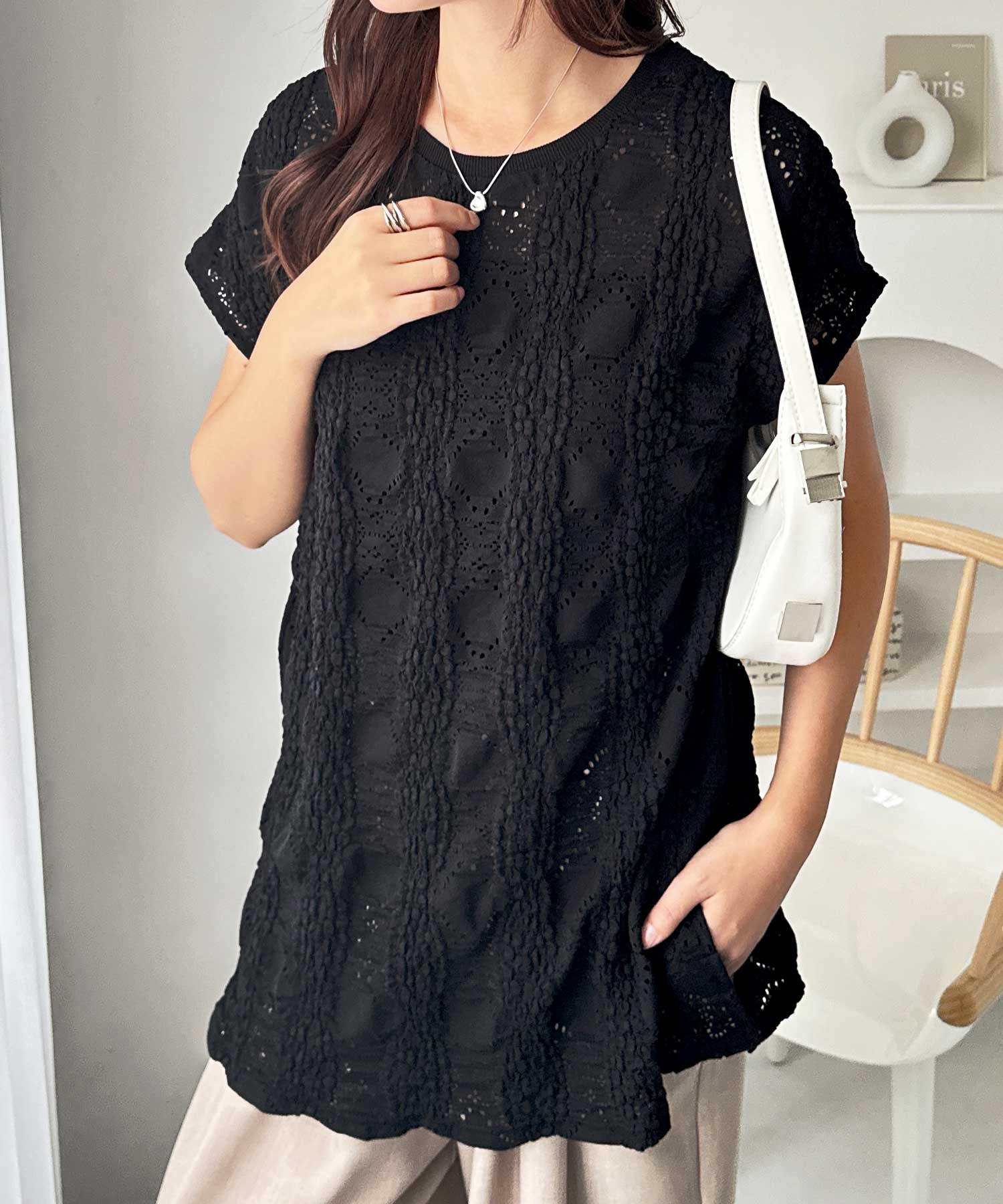 黒のレースフレンチスリーブドレス 総レースフレンチスリーブTシャツ | ファッション通販サイト NUGU