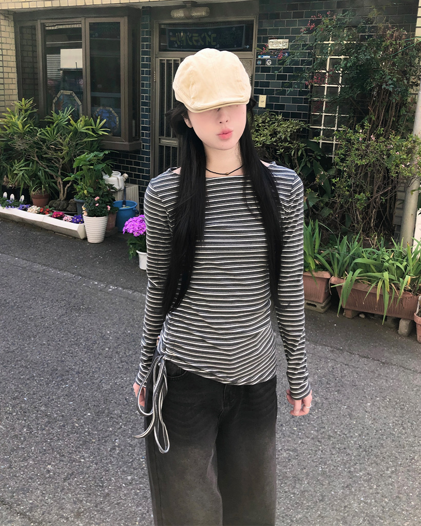 ボーダースリムシャーリング長袖Tシャツ