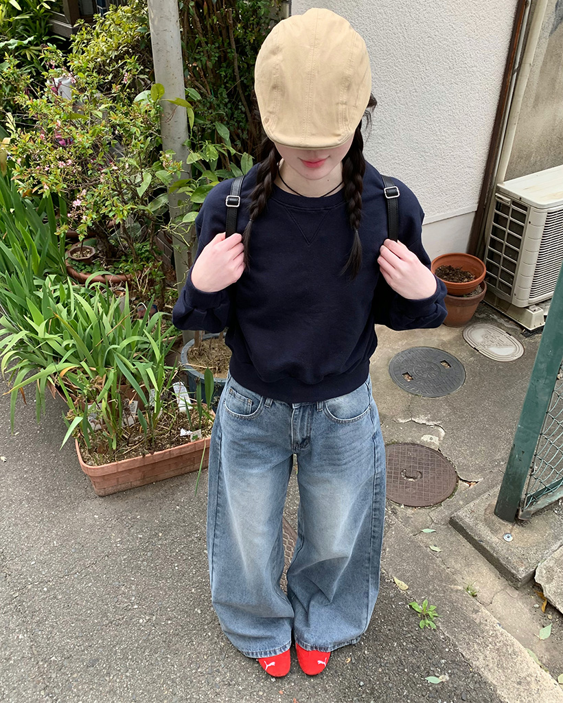 ウォッシュ加工ワイドデニムパンツ