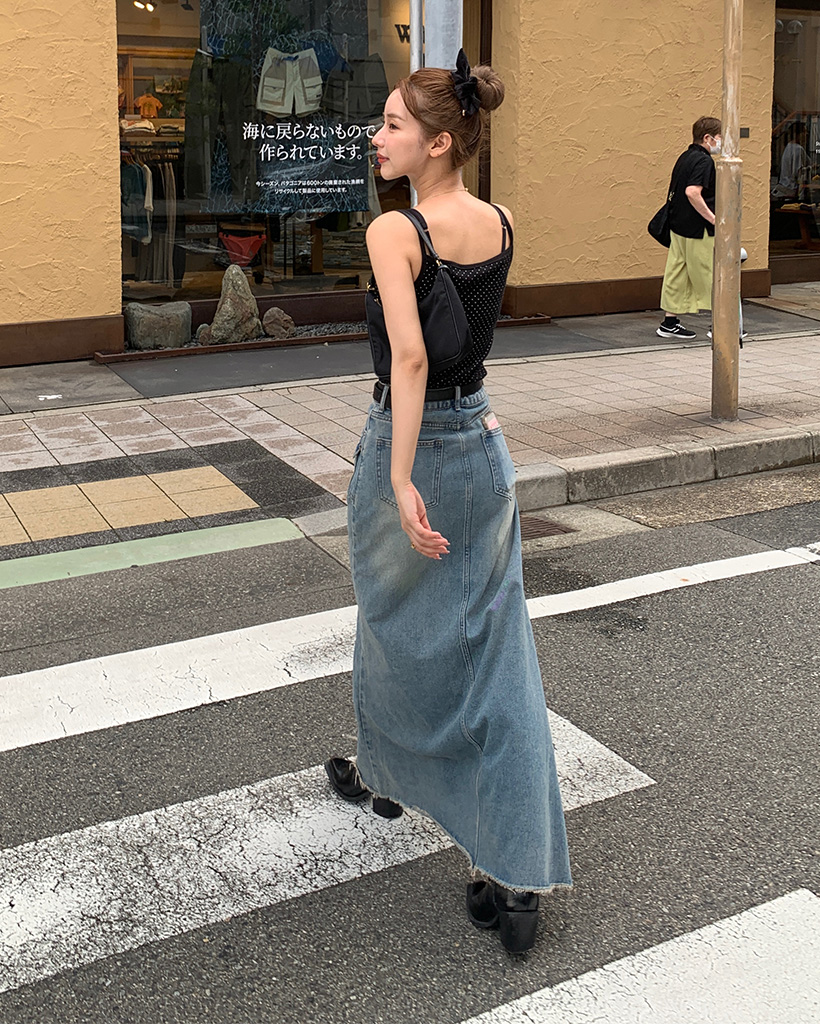 ボタンポケットウォッシングデニムロングスカート