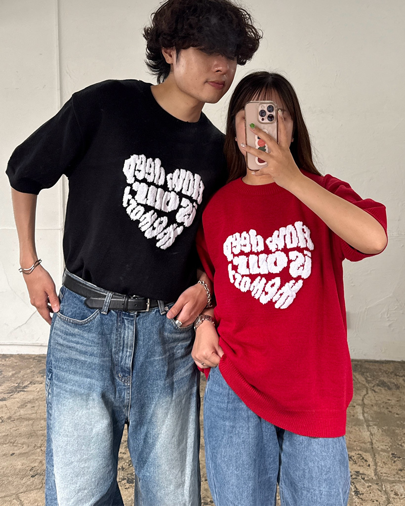 90s 半袖ニット 前開き ニットポロ ユニセックス　レア ユニセックス）ハートレタリング半袖ニット | ファッション通販