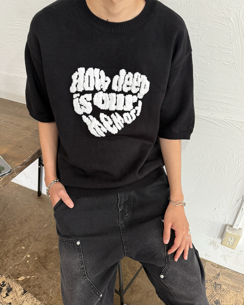 90s 半袖ニット 前開き ニットポロ ユニセックス　レア ユニセックス）ハートレタリング半袖ニット | ファッション通販