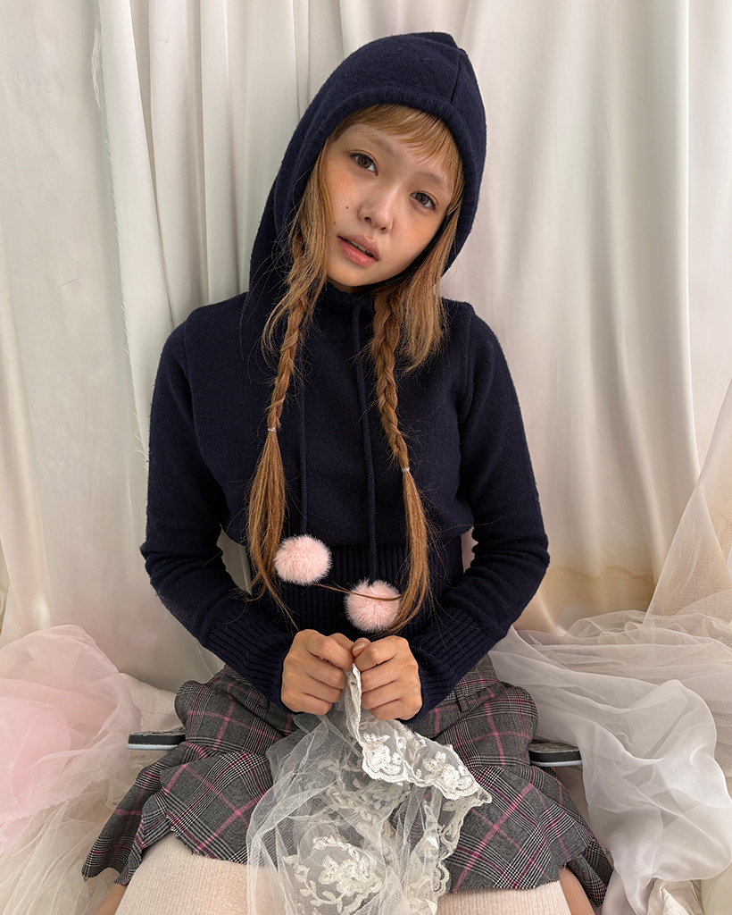 ORIGINAL) ポンポンフードニットパーカー | ファッション通販サイト NUGU