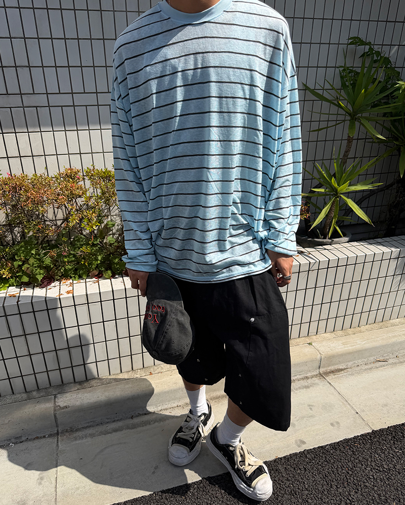 （ユニセックス）テンセルボーダーラウンド長袖Tシャツ