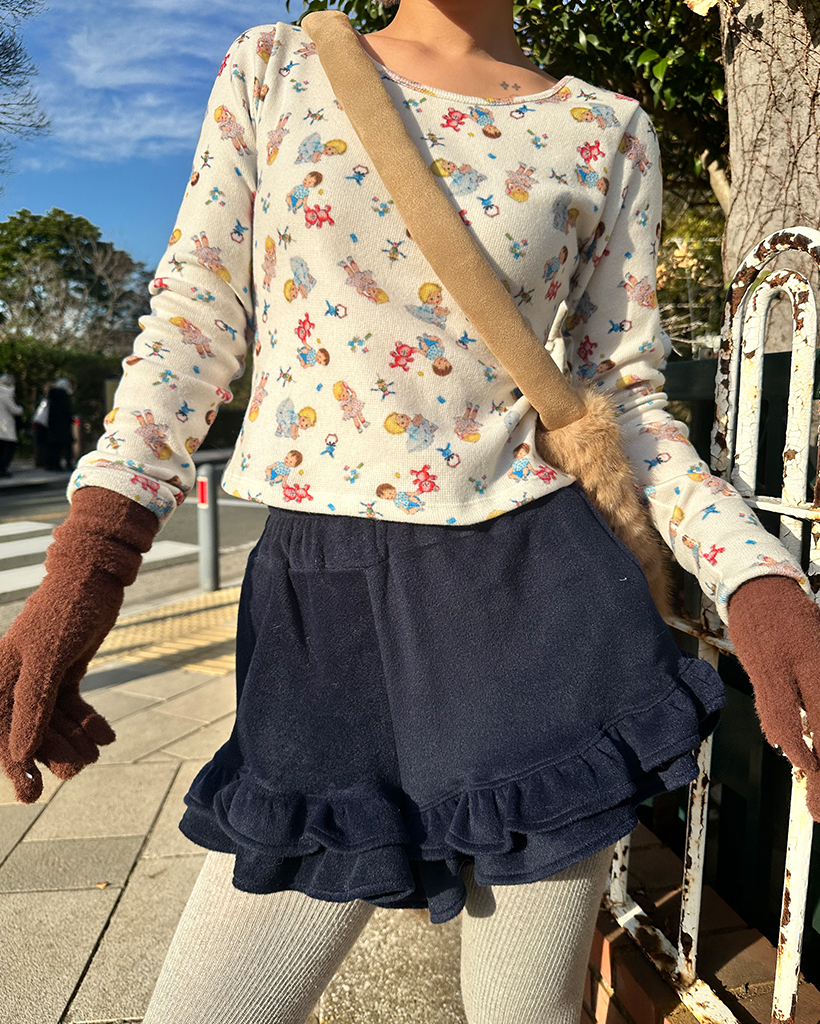 ダブルフリルヘムフリースショートパンツ