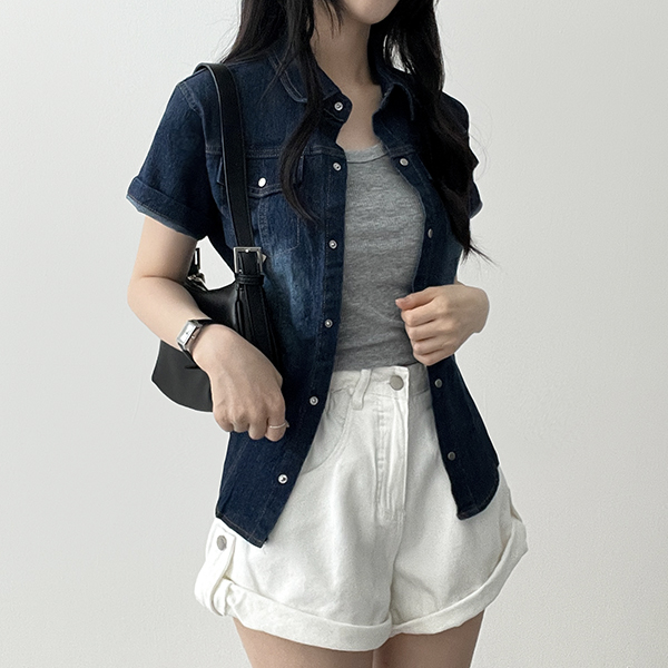 デニム調の半袖シャツ 半袖 デニムシャツ 半袖シャツ オープンカラー