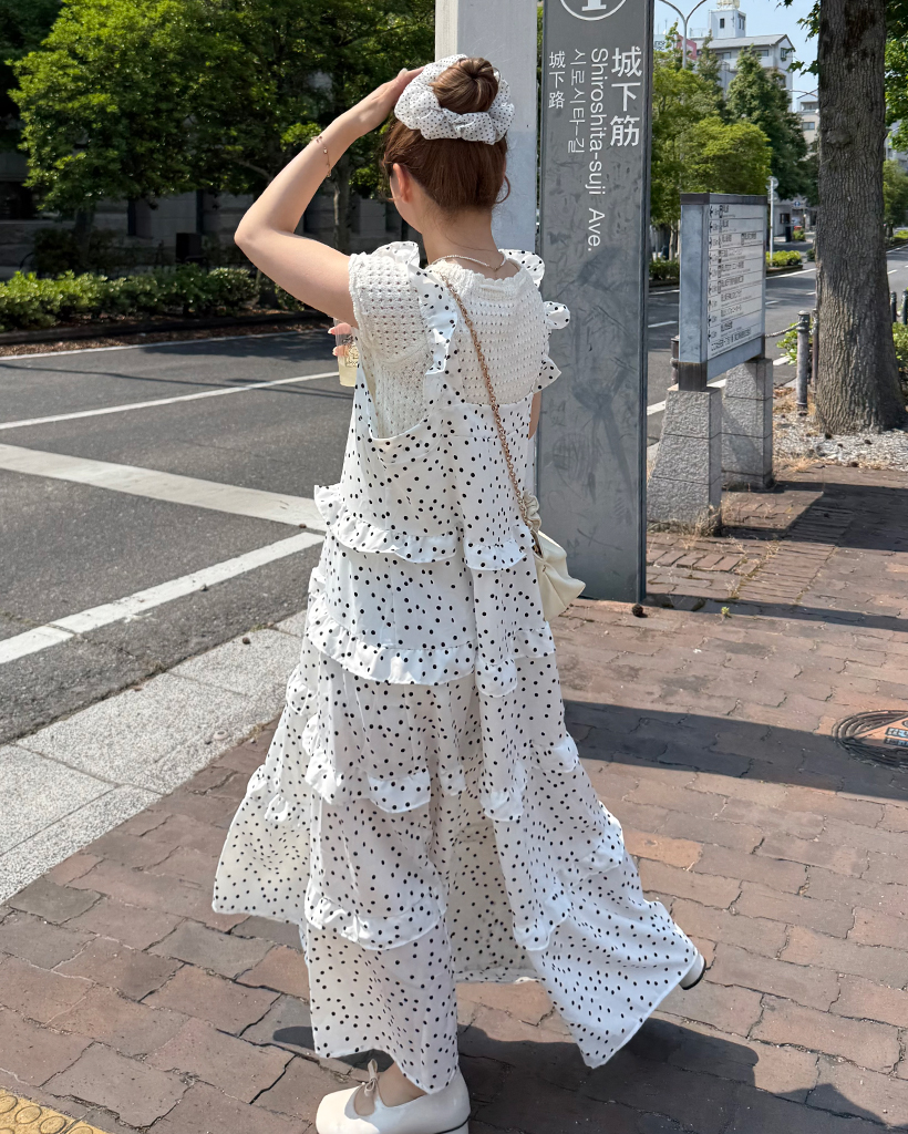 古着リメイク水玉フリルワンピ ドットノースリーブフリルマキシワンピース | ファッション通販